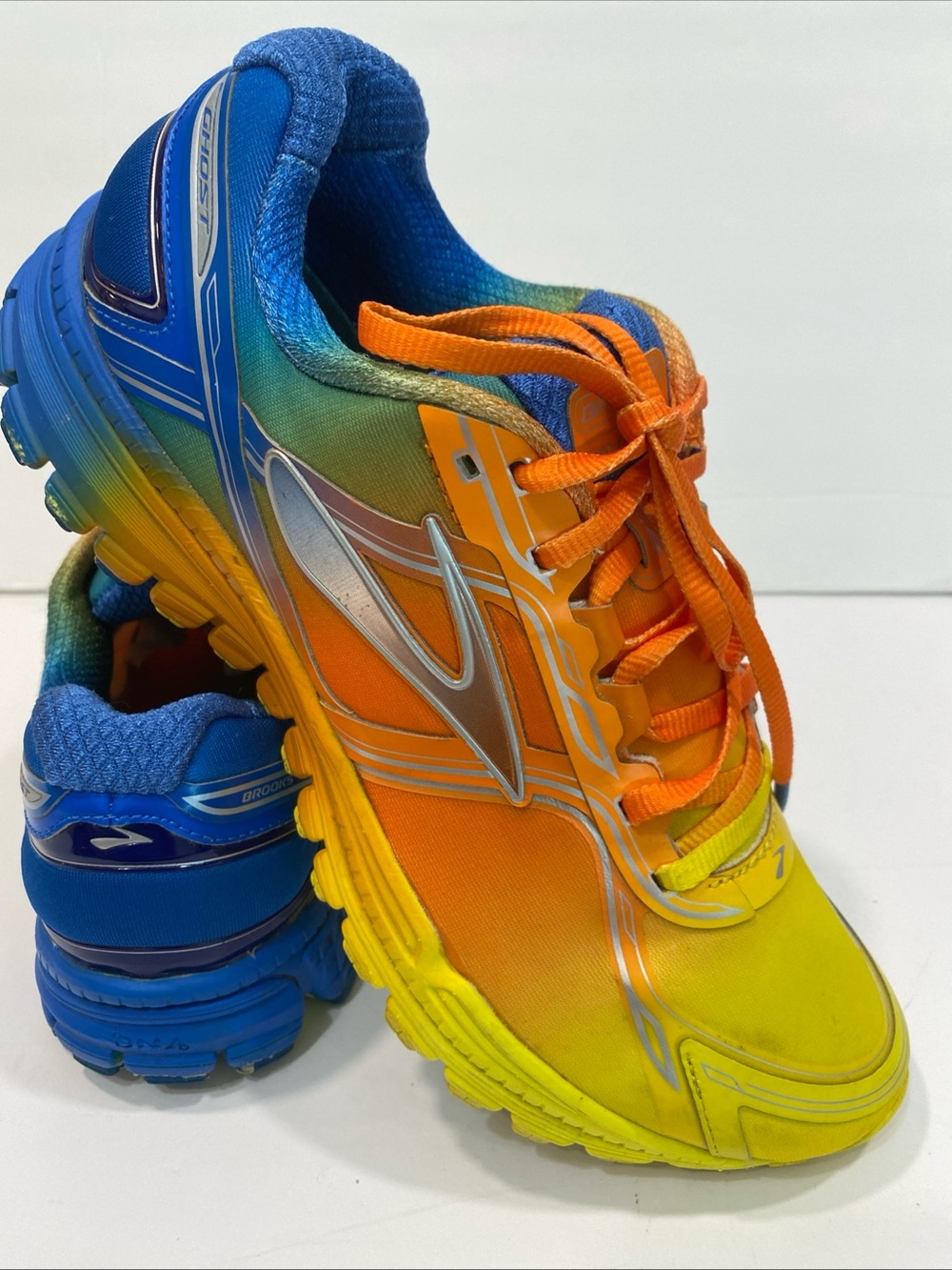 Brooks Ghost 8 Blue Yellow Orange Neon Athletic Running Walking Mens Shoes 9.5 - Picture 3 of 8
